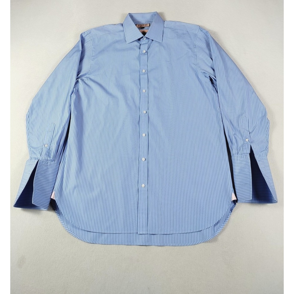 Thomas Pink Dress Shirt Mens 16.5 34/35 Blue Stripe Classic French Cuff Corpcore